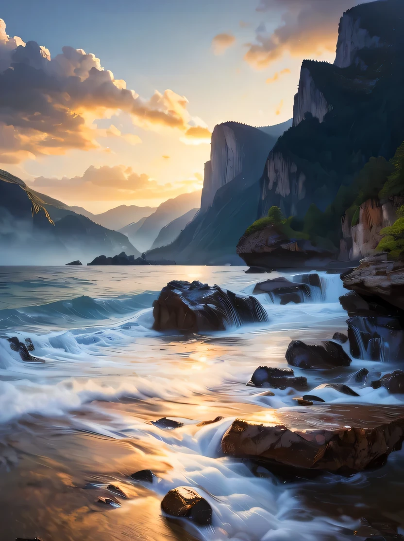 ((masterpiece, Highest quality, Very detailed, High resolution, Real, Sharp focus)), Landscape with water, (Very detailed CG unity, 8k wallpaper), Majestic oil painting, Complex realistic painting art