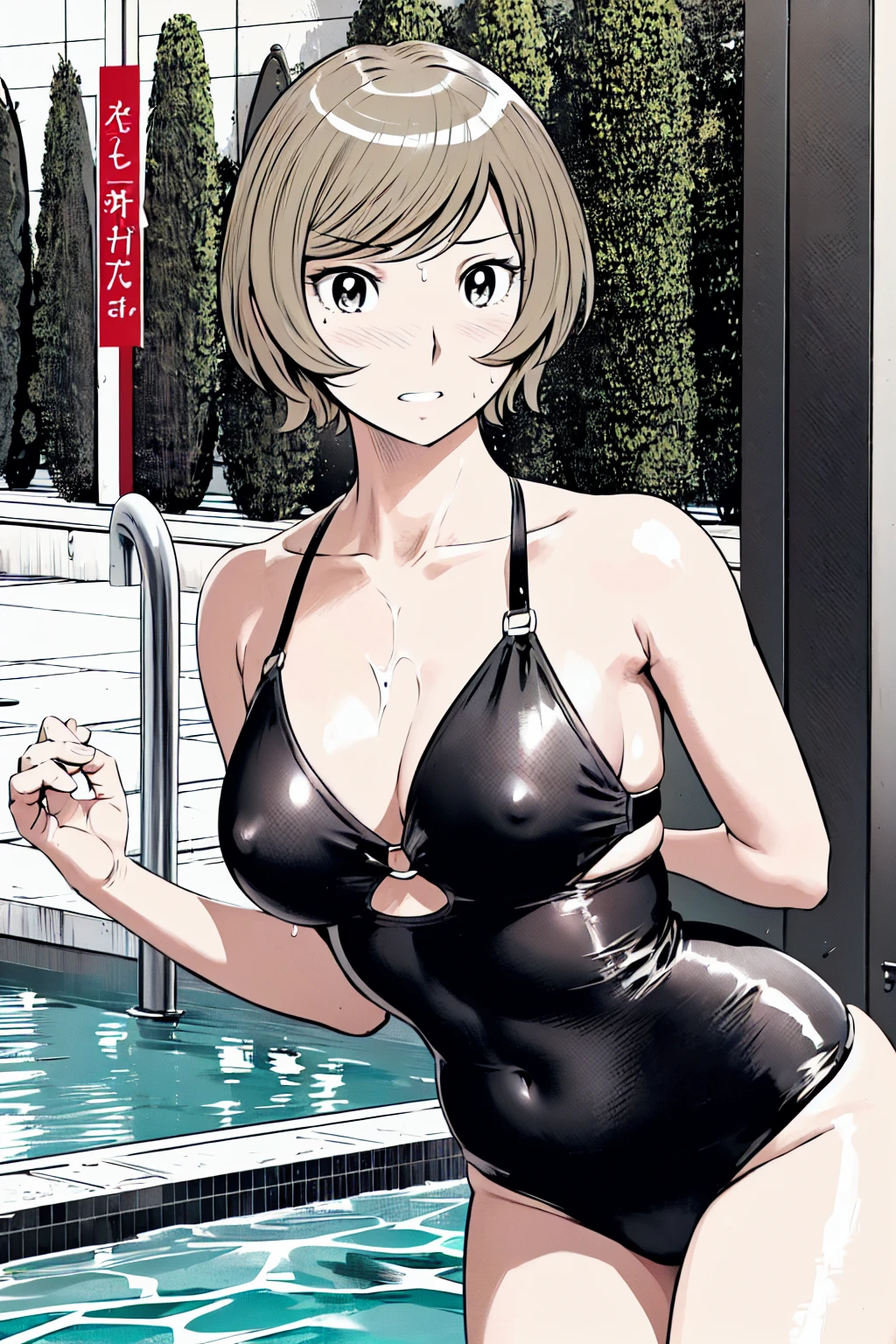 Black Micro Bikini、(masterpiece、Highest quality)、Highest quality, Ultra-high resolution, (((masterpiece))), alone, Sweat、Big eyes, Composition from the front、Shortcuts、Embarrassed face、Blonde、Cut your hair short、School swimming pool、short hair、Pussy Line、Browsing Caution、belly button