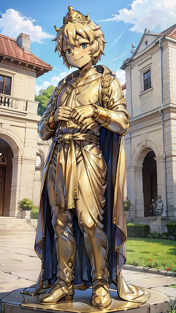 王子的Gold statue,Prince style,Prince costume,宫廷Dress,Gold statue,男孩的Gold statue,带着黄金冠冕的Gold statue,脚边停着一只燕子的Gold statue,Golden Boy Statue,Gold statue,Dress,Dress,西式宫廷男士Dress,Cute boy,British style,Victorian style,crown,crown,Golden Boy Sculpture,Golden Boy Statue,Gold statue,Gold statue,Giant golden statue,Giant golden statue,Outdoor Background,Smiling statue,