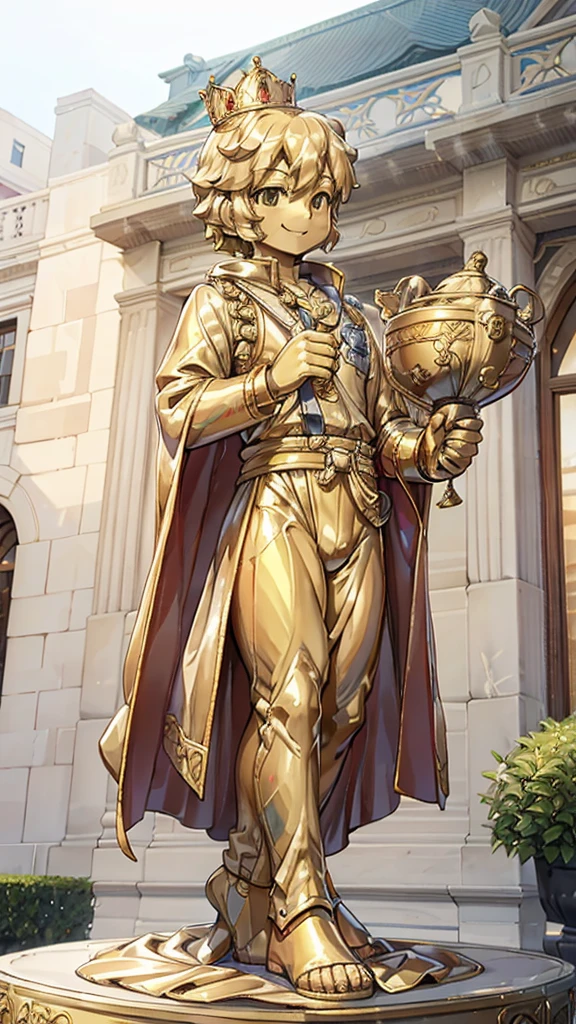 王子的Gold statue,Prince style,Prince costume,宫廷Dress,Gold statue,男孩的Gold statue,带着黄金冠冕的Gold statue,脚边停着一只燕子的Gold statue,Golden Boy Statue,Gold statue,Dress,Dress,西式宫廷男士Dress,Cute boy,British style,Victorian style,crown,crown,Golden Boy Sculpture,Golden Boy Statue,Gold statue,Gold statue,Giant golden statue,Giant golden statue,Outdoor Background,Smiling statue,