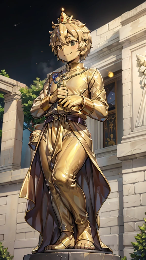王子的Gold statue,Prince style,Prince costume,宫廷Dress,Gold statue,男孩的Gold statue,带着黄金冠冕的Gold statue,脚边停着一只燕子的Gold statue,Golden Boy Statue,Gold statue,Dress,Dress,西式宫廷男士Dress,Cute boy,British style,Victorian style,crown,crown,Golden Boy Sculpture,Golden Boy Statue,Gold statue,Gold statue,Giant golden statue,Giant golden statue,Outdoor Background,Smiling statue,