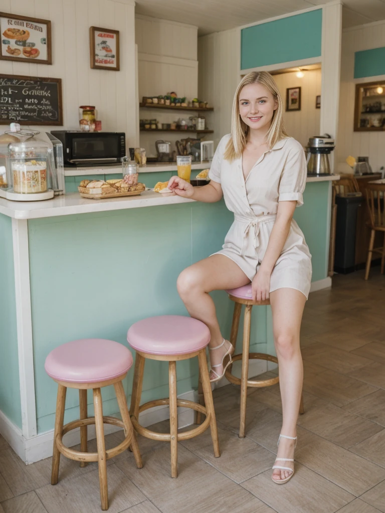 her name is Marie, high quality, 1girl, ((20-year-old fit Caucasian woman)), ((20 years old)), ((fit)), ((pale skin tone)), medium length straight blonde hair , wearing Pastel Lavender Linen Wrap Dress, pose: sitting on a diner chair, background: Write about the nostalgic feel of a vintage diner, with neon signs, vinyl booths, and a counter lined with stools, where locals gather for hearty breakfasts and milkshakes.