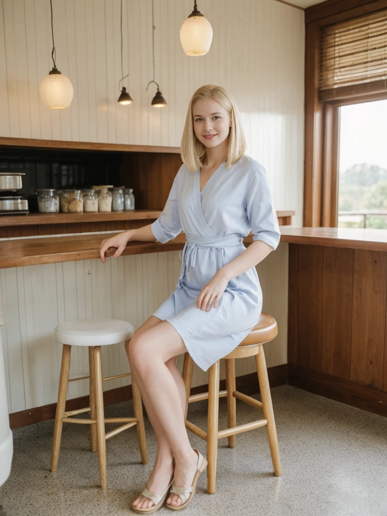 her name is Marie, high quality, 1girl, ((20-year-old fit Caucasian woman)), ((20 years old)), ((fit)), ((pale skin tone)), medium length straight blonde hair , wearing Pastel Lavender Linen Wrap Dress, pose: sitting on a diner chair, background: Write about the nostalgic feel of a vintage diner, with neon signs, vinyl booths, and a counter lined with stools, where locals gather for hearty breakfasts and milkshakes.