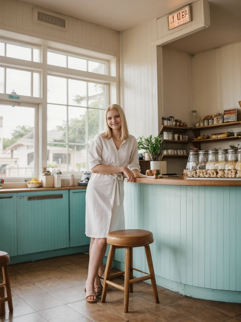 her name is Marie, high quality, 1girl, ((20-year-old fit Caucasian woman)), ((20 years old)), ((fit)), ((pale skin tone)), medium length straight blonde hair , wearing Pastel Lavender Linen Wrap Dress, pose: sitting on a diner chair, background: Write about the nostalgic feel of a vintage diner, with neon signs, vinyl booths, and a counter lined with stools, where locals gather for hearty breakfasts and milkshakes.