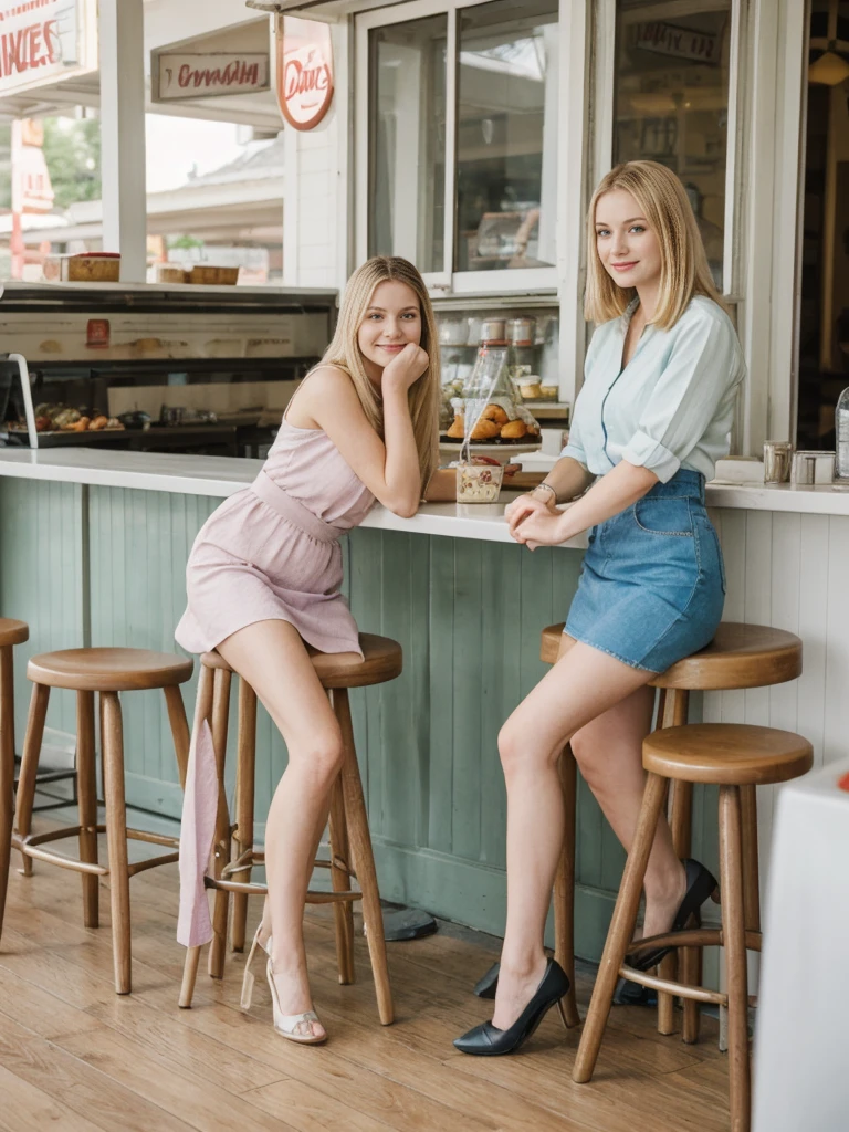 her name is Marie, high quality, 1girl, ((20-year-old fit Caucasian woman)), ((20 years old)), ((fit)), ((pale skin tone)), medium length straight blonde hair , wearing Pastel Lavender Linen Wrap Dress, pose: sitting on a diner chair, background: Write about the nostalgic feel of a vintage diner, with neon signs, vinyl booths, and a counter lined with stools, where locals gather for hearty breakfasts and milkshakes.