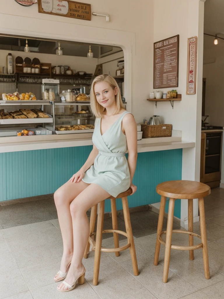 her name is Marie, high quality, 1girl, ((20-year-old fit Caucasian woman)), ((20 years old)), ((fit)), ((pale skin tone)), medium length straight blonde hair , wearing Pastel Lavender Linen Wrap Dress, pose: sitting on a diner chair, background: Write about the nostalgic feel of a vintage diner, with neon signs, vinyl booths, and a counter lined with stools, where locals gather for hearty breakfasts and milkshakes.