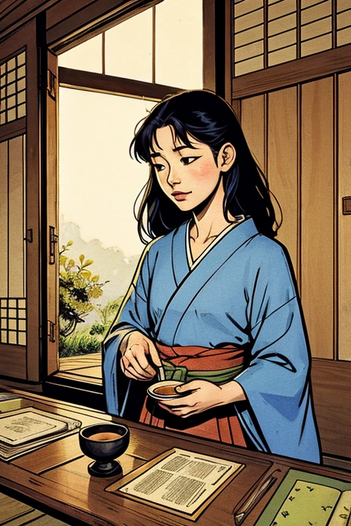 Fairy tale illustration by Reiko Ikemura, pixabay, simple art, full color illustration, cute fairy tale illustration, picture book illustration, illustration, girl picking tea in the style of Hayao Miyazaki, no field, kimono, kimono  