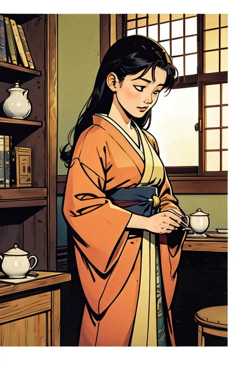Fairy tale illustration by Reiko Ikemura, pixabay, simple art, full color illustration, cute fairy tale illustration, picture book illustration, illustration, girl picking tea in the style of Hayao Miyazaki, no field, kimono, kimono