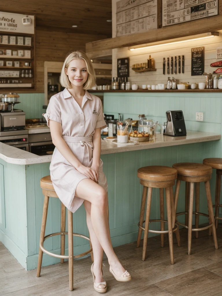 her name is Marie, high quality, 1girl, ((20-year-old fit Caucasian woman)), ((20 years old)), ((fit)), ((pale skin tone)), medium length straight blonde hair , wearing Pastel Lavender Linen Wrap Dress, pose: sitting on a diner chair, background: Write about the nostalgic feel of a vintage diner, with neon signs, vinyl booths, and a counter lined with stools, where locals gather for hearty breakfasts and milkshakes.