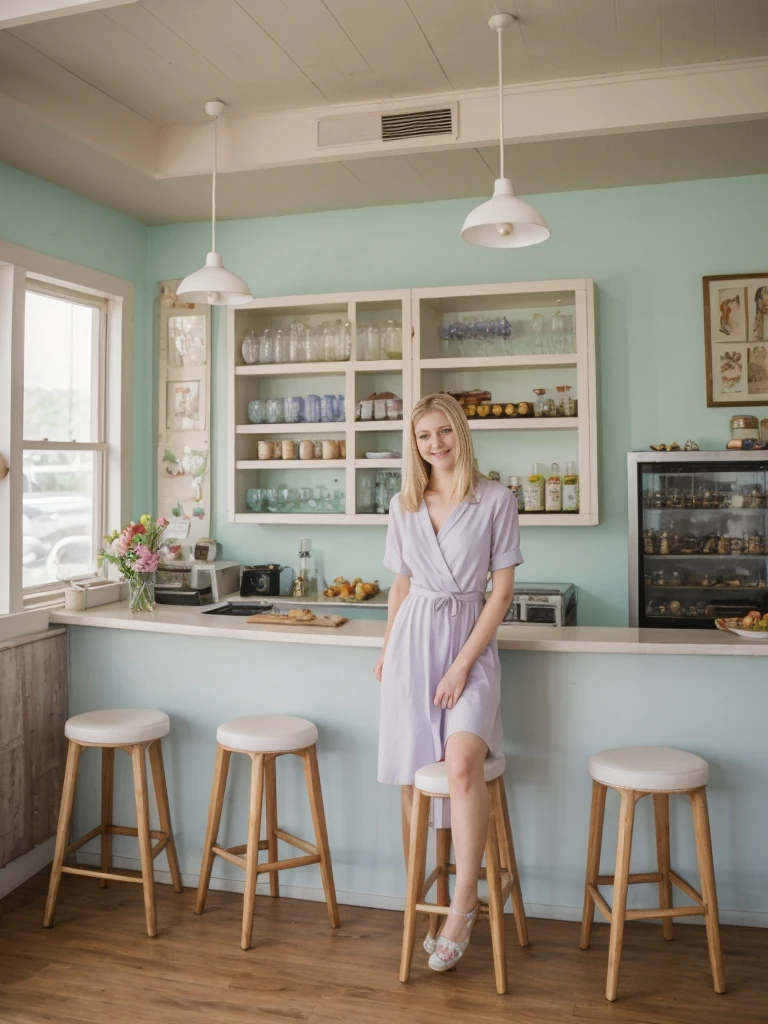 her name is Marie, high quality, 1girl, ((20-year-old fit Caucasian woman)), ((20 years old)), ((fit)), ((pale skin tone)), medium length straight blonde hair , wearing Pastel Lavender Linen Wrap Dress, pose: sitting on a diner chair, background: Write about the nostalgic feel of a vintage diner, with neon signs, vinyl booths, and a counter lined with stools, where locals gather for hearty breakfasts and milkshakes.