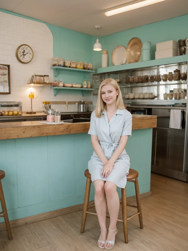 her name is Marie, high quality, 1girl, ((20-year-old fit Caucasian woman)), ((20 years old)), ((fit)), ((pale skin tone)), medium length straight blonde hair , wearing Pastel Lavender Linen Wrap Dress, pose: sitting on a diner chair, background: Write about the nostalgic feel of a vintage diner, with neon signs, vinyl booths, and a counter lined with stools, where locals gather for hearty breakfasts and milkshakes.