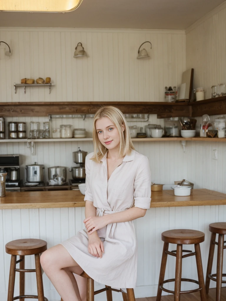 her name is Marie, high quality, 1girl, ((20-year-old fit Caucasian woman)), ((20 years old)), ((fit)), ((pale skin tone)), medium length straight blonde hair , wearing Pastel Lavender Linen Wrap Dress, pose: sitting on a diner chair, background: Write about the nostalgic feel of a vintage diner, with neon signs, vinyl booths, and a counter lined with stools, where locals gather for hearty breakfasts and milkshakes.