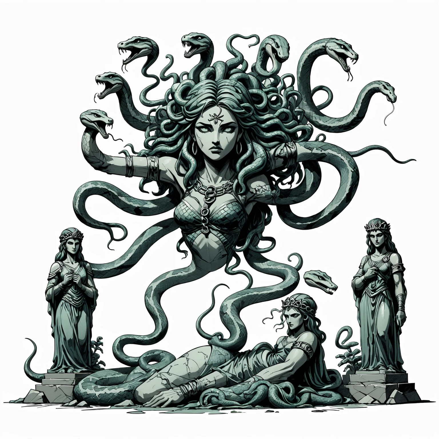 line drawing, showcasing medusa crown of snakes, snake crown, Stone Subjects: Statues of warriors turned to stone by Medusa’s gaze, bowing before her. expressive cross hatch animated 90s style ink figures, unfinished sketch,
