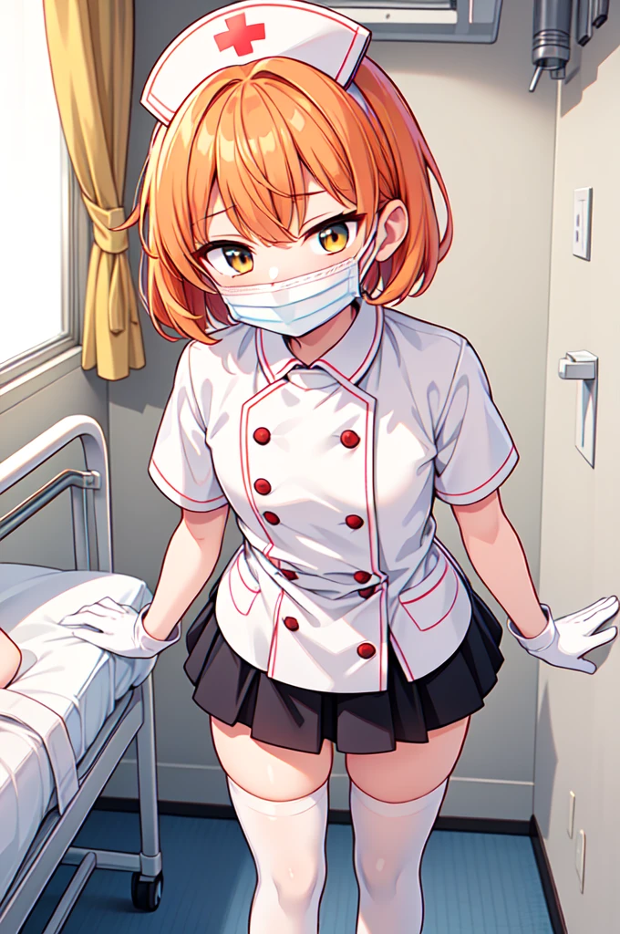1boy, solo, male focus, nurse, white nurse cap, white nurse uniform, ((white legwear, zettai ryouiki)), white gloves, short hair, orange hair, ((white surgical mask, covered nose)), standing, ((hospital room)), sharp outline, short sleeves, shota, 12 years old, best quality, masterpiece
