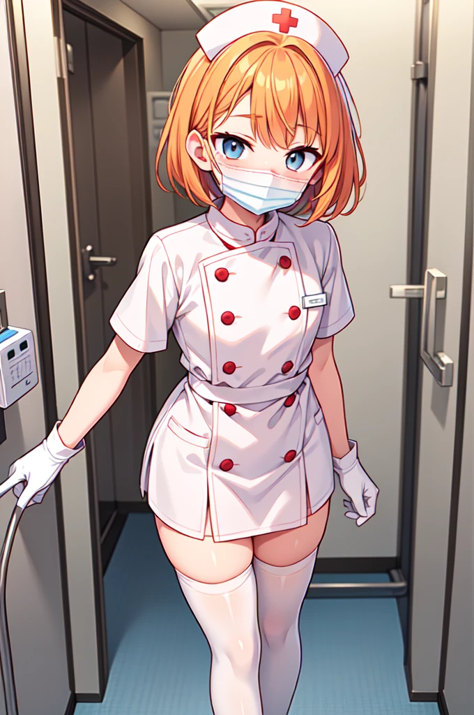 1boy, solo, male focus, nurse, white nurse cap, white nurse uniform, ((white legwear, zettai ryouiki)), white gloves, short hair, orange hair, ((white surgical mask, covered nose)), standing, ((hospital room)), sharp outline, short sleeves, shota, 12 years old, best quality, masterpiece