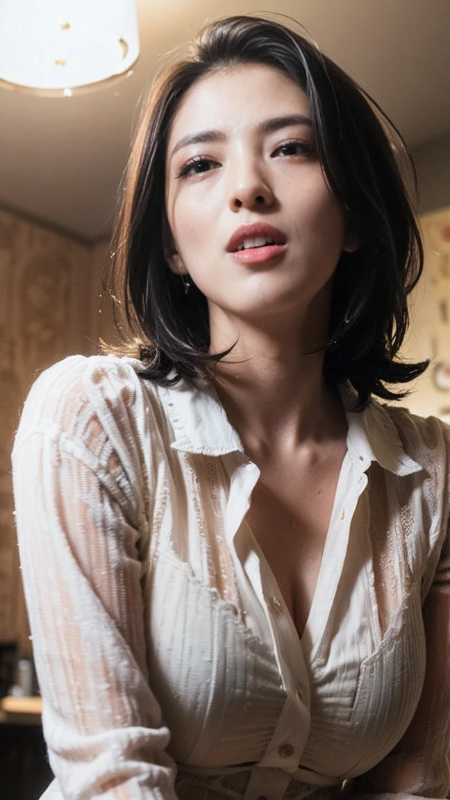 photo-realistic, surreal, cinematic lighting, 32K, 1 girl, look up, Backlight, (bright light:1.2), (Improvement of quality:1.4), (Highest quality realistic textured skin:1.4), detailed eyes, detailed face, short hair, ,cowgirl position,from below,sweat,wet, (Enhances the beauty of skin texture:1.1), matte texture, blush, sweat, open mouth, rolling eyes, tears, tongue out, saliva, saliva trail, parted lips, seductive smile