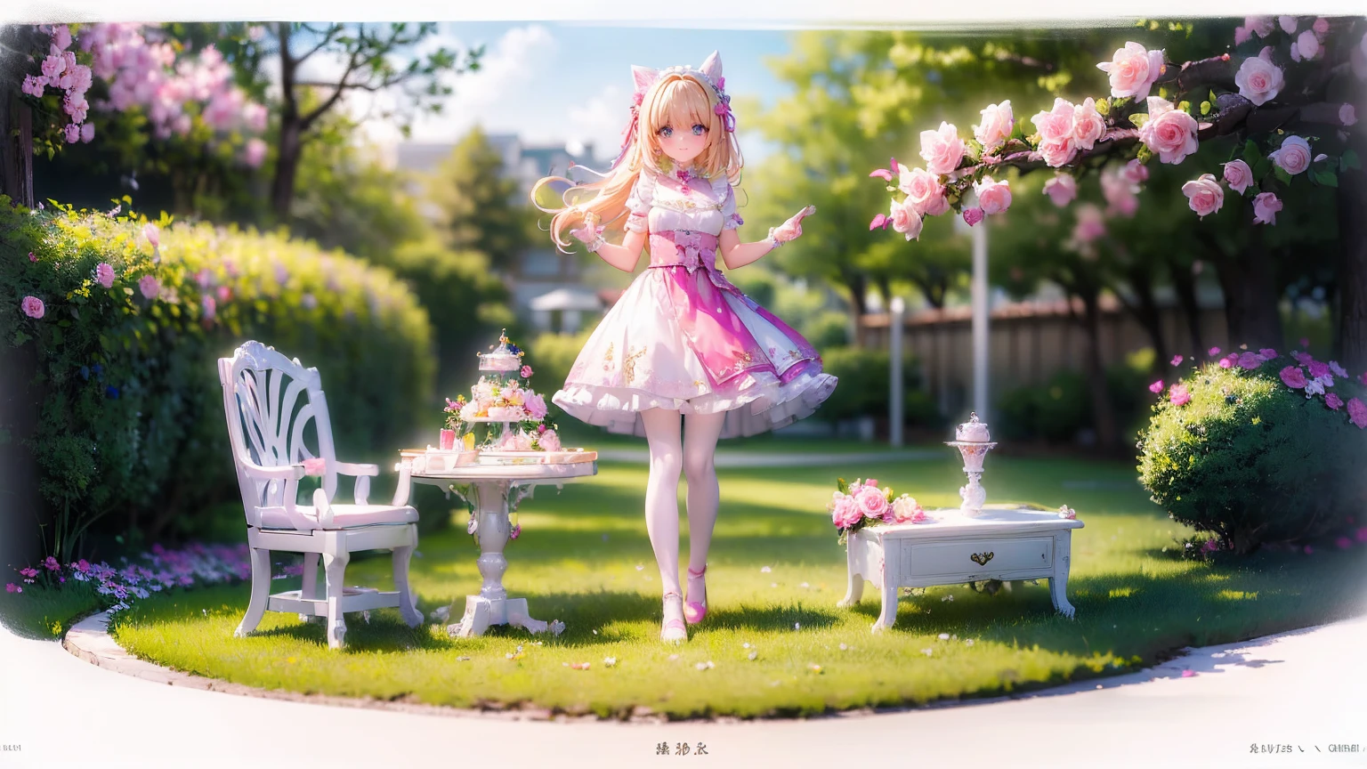 ((masterpiece,High resolution,8K quality,Very delicate,Highest quality)),girl,young girl,Chiquita,((Highly detailed face)),Goblins,Delicate eyes,(Eyes glowing pink, yellow, Blue and),(Hairstyle:naganami,Strong wavy hair,Soft wavy hair,blonde),Pointy Ears,Lens flare,white and pink ta dress,White frills,Half bonnet with pink roses on white fabric,White panniers,Pink tights,A shy smile,Pink Rose Garden,Light of the sun,Pink petals,Sitting in a white chair,I read the book,