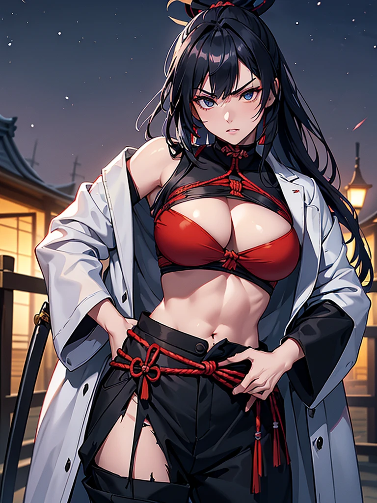 a female samurai, beautiful detailed eyes, beautiful detailed lips, extremely detailed face, long eyelashes,hyper realistic lighting,(super detailed:1.3),((best quality:1.2)),((masterpiece:1.2)),female focus,lonely beauty,(nighttime:1.6),(standing in a medieval European castle town),cowboy shot,cleavage,((red ??????? over ???? ???????:1.125)),topknot,muted dark blue hair:1.1,(white samurai coat),(black samurai pants:1.3),(angry:1.05),(large sleeves),(katana sword on hip:1.06),(torn pants),open jacket,abs,torso scars