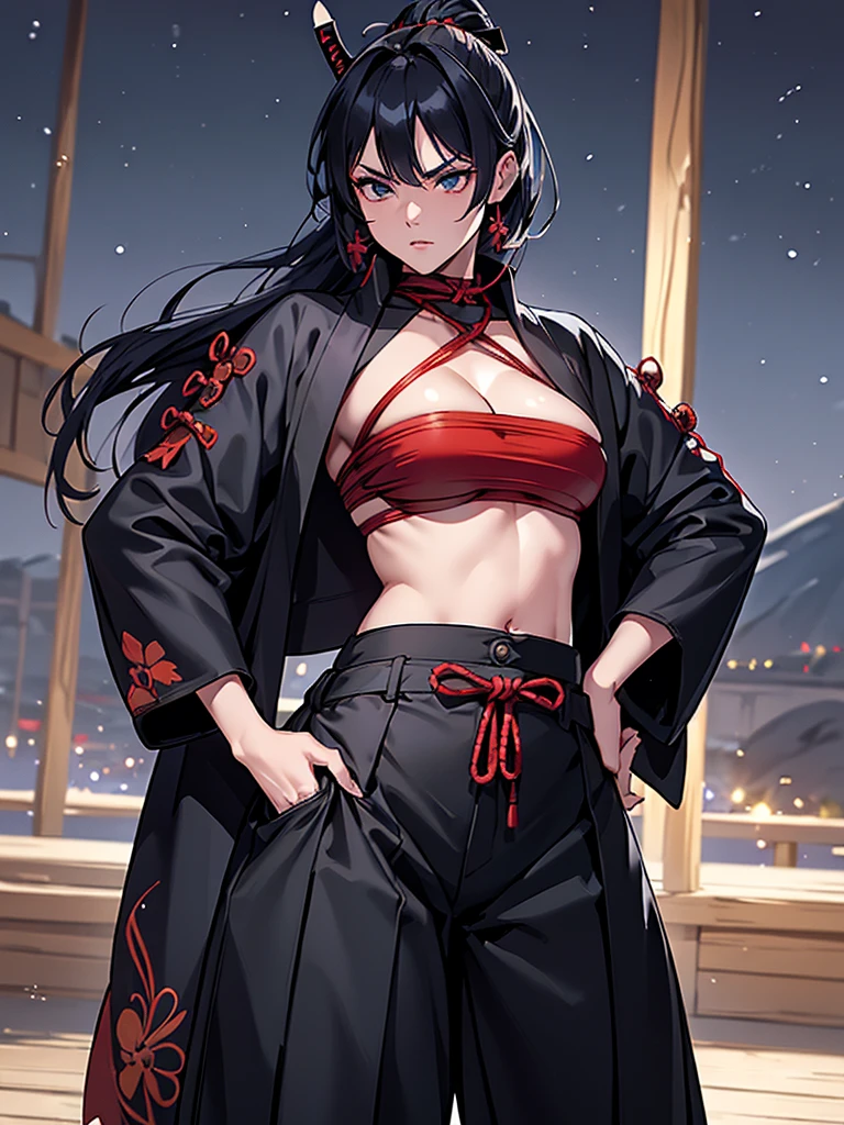 a female samurai, beautiful detailed eyes, beautiful detailed lips, extremely detailed face, long eyelashes,hyper realistic lighting,(super detailed:1.3),((best quality:1.2)),((masterpiece:1.2)),female focus,lonely beauty,(nighttime:1.6),(standing in a medieval European castle town),cowboy shot,cleavage,((red shibari over bare breasts:1.125)),topknot,muted dark blue hair:1.1,(white samurai coat),(black samurai pants:1.3),(angry:1.05),(large sleeves),(katana sword on hip:1.06),(torn pants),open jacket,abs,torso scars