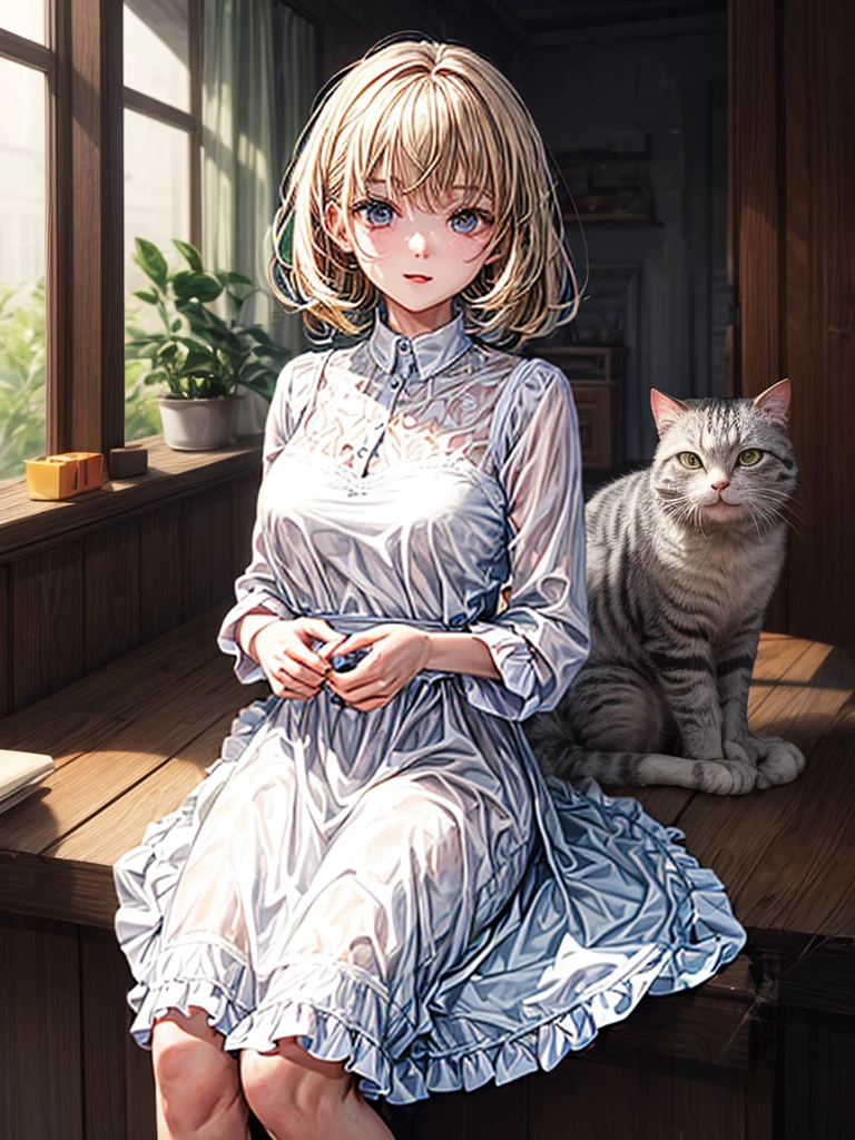 A beautiful girl short hair clean blonde with gray eyes, beautiful white dress, cute happy cat, affection, love, cozy atmosphere, natural light.