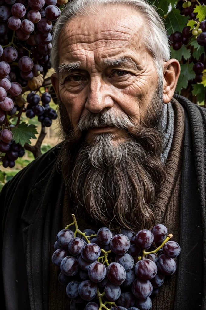 old man 80 years old beard big bunch of grapes near his face