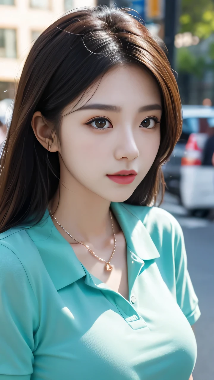 Close up of beautiful Korean woman, 38" chest, Wear a well-fitting polo shirt, necklace, on the street , HD