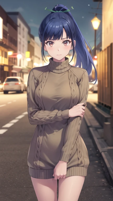 masterpiece, best quality, highres, 1girl, solo, long hair, blue hair, ponytail, hair ribbon, brown eyes, sweater dress, turtleneck, night, street, standing, cowboy shot,