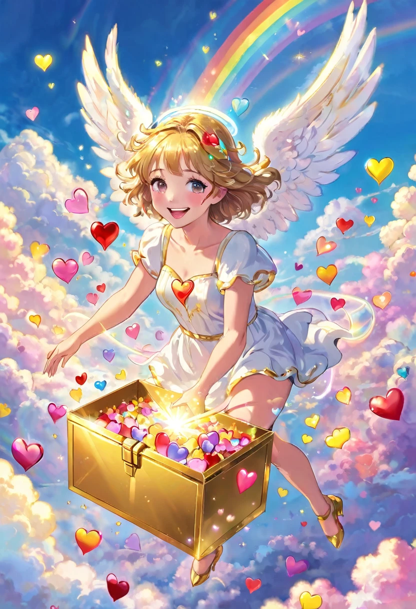 Smiling angel handing out hearts, colorful hearts overflowing from a golden box, sky, joy, above the clouds, heaven, rainbow light hearts, joy, sharing, perfect face, perfect hands, perfect legs