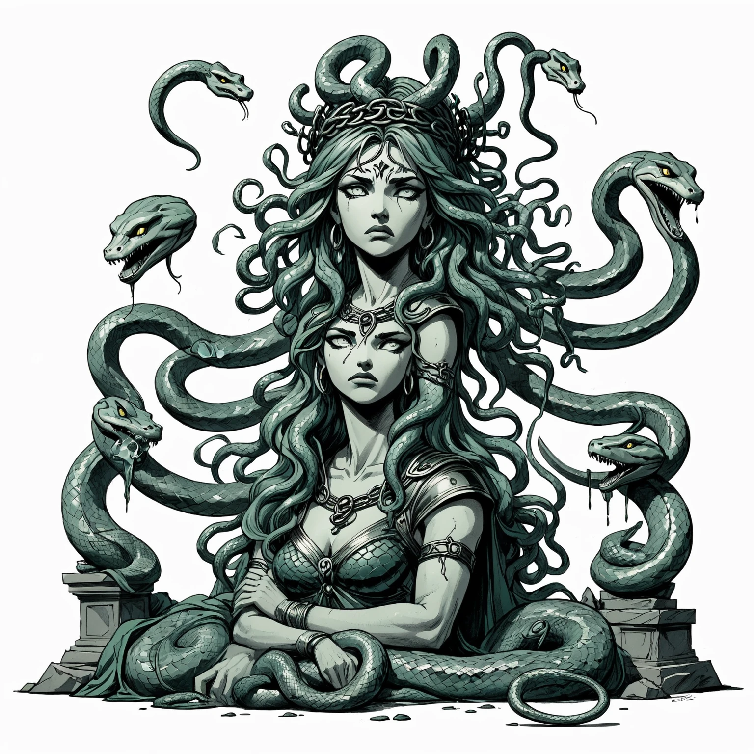 line drawing, showcasing medusa crown of snakes, snake crown, Stone Subjects: Statues of warriors turned to stone by Medusa’s gaze, bowing before her. expressive cross hatch animated 90s style ink figures, unfinished sketch,