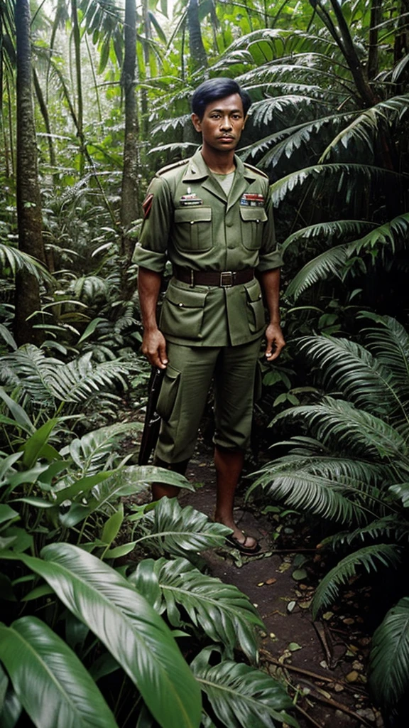 Dense jungle on a remote island in the Philippines, 1974, with overgrown foliage and a hidden figure in a tattered World War II uniform.