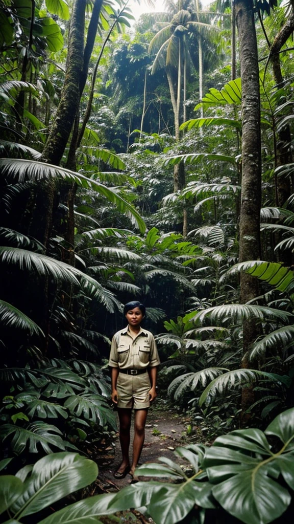 Dense jungle on a remote island in the Philippines, 1974, with overgrown foliage and a hidden figure in a tattered World War II uniform.