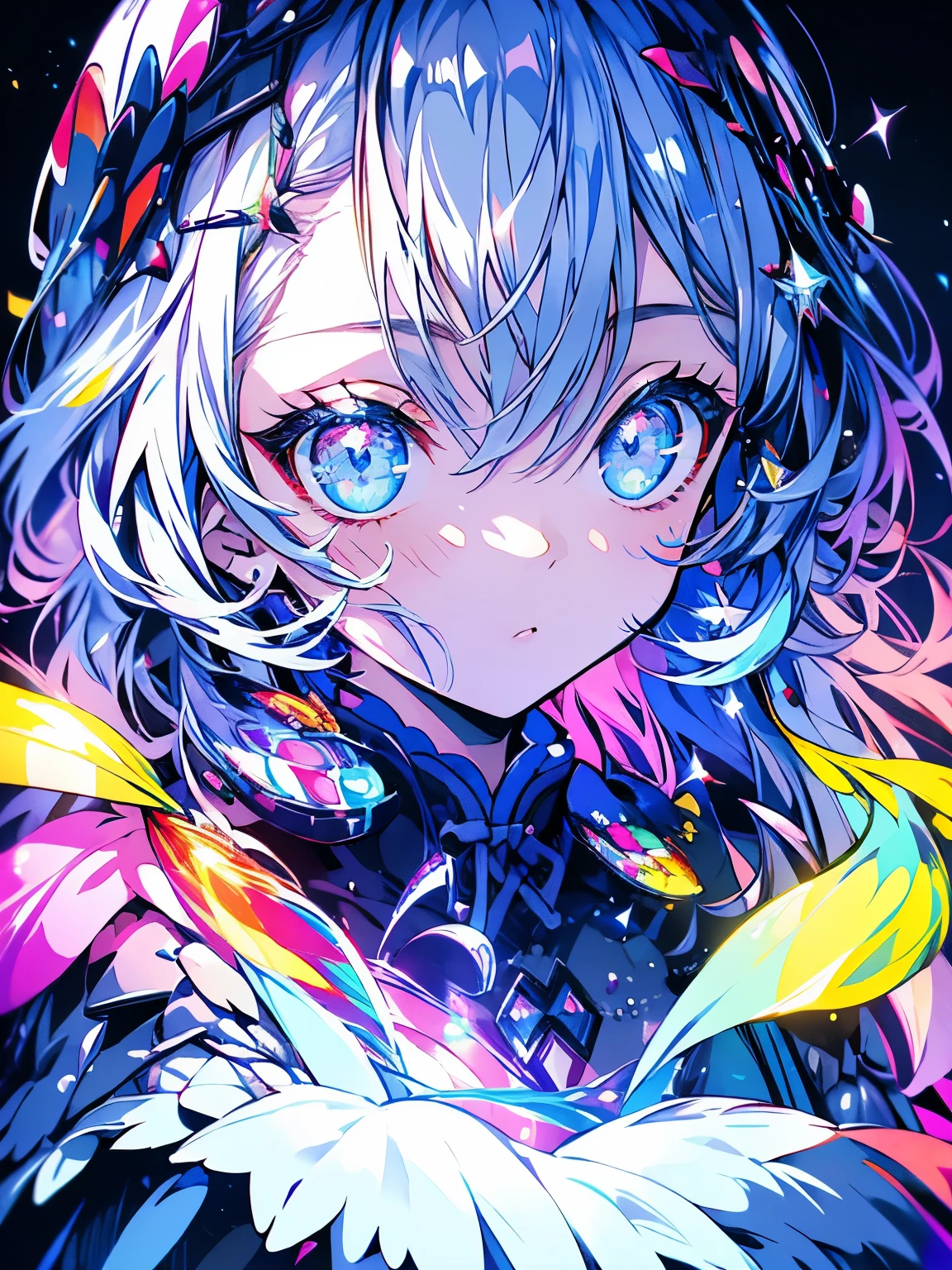 masterpiece、girl、Rainbow colorsの髪、Sparkling eyes、Serious face、Shining Background、Starry Ski、Rainbow colors