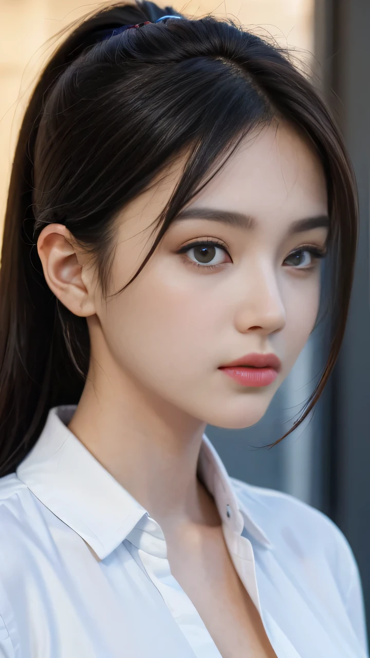 masterpiece,Best quality,high resolution,8K,(portrait),(Close-up of the portrait),real picture,Digital Photography,(Girls in the workplace),(urban style professional woman),22-year-old girl,Long ponytail hairstyle,By Bangs,(Black hair),serious yet charming,Full breasts,Shut your mouth,Elegant and charming,Serious and arrogant,Calm and handsome,(look up),(Women&#39;s business suit),Photo poses,Realistic style,Gray World Background