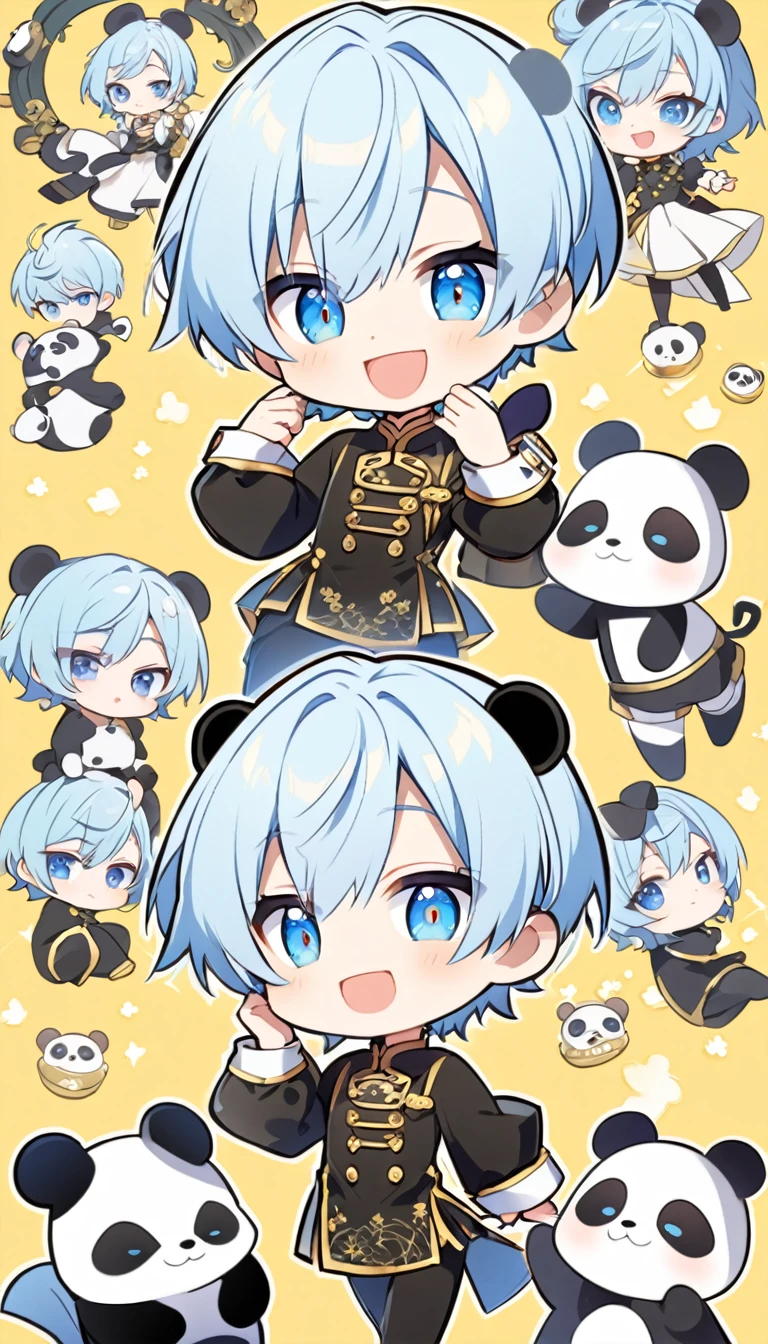 Create an anime-style illustration The character is in chibi style The character is a young man with short light blue hair and blue eyes He is wearing a black Chinese dress The dress has gold buttons and white cuffs Add a panda costume on top of the dress The character has a cheerful and slightly mischievous expression He has one hand on his face The background is pale yellow