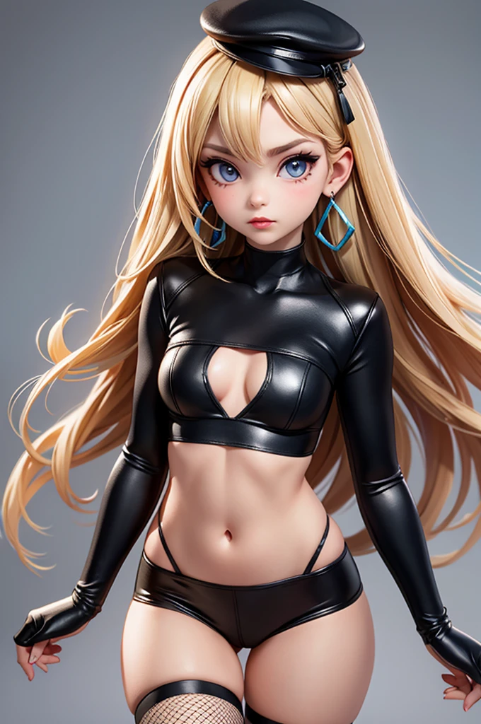 hyperrealistic 14 year old american , blonde, perfect tiny body, sexy, big earrings, dark makeup, perfect slim face, big red lips, very cute face, tiny body, big eyes, young looking, childish looking, ultra tight thigh-highs, fishnet