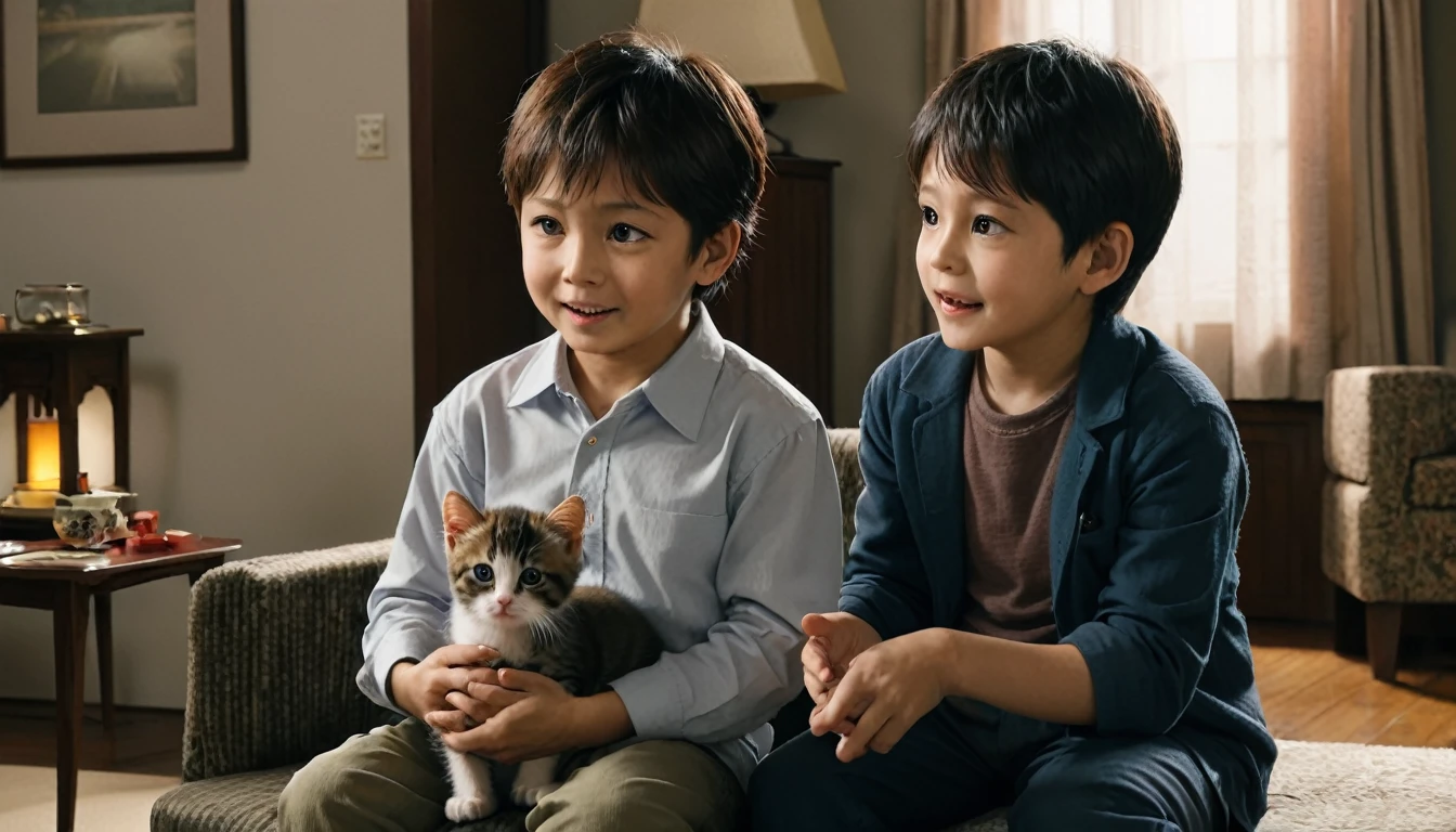 The boy's parents are talking about kittens in the living room.'' His mother says, ``Since Mike came, Shota has become brighter.'