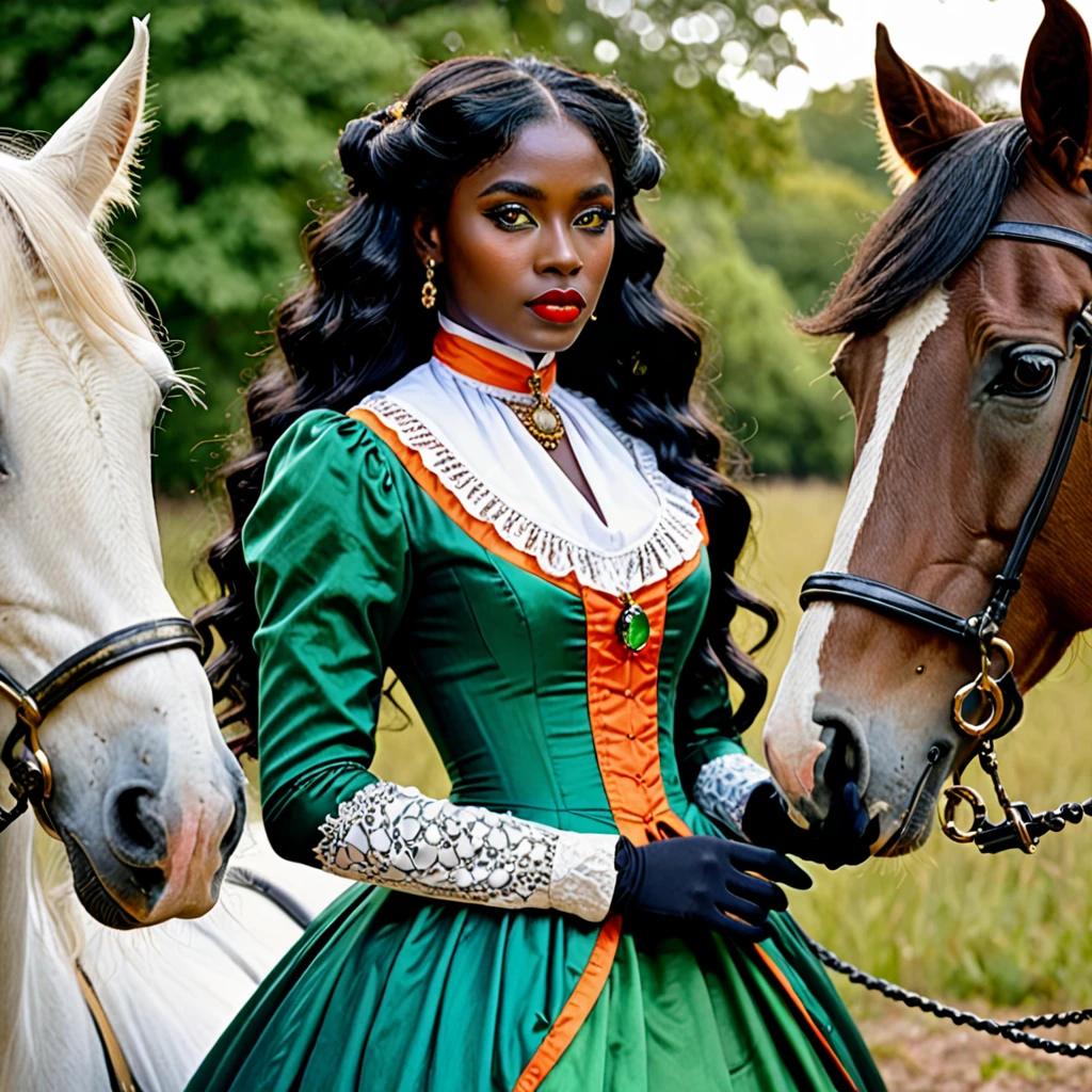 dark skin woman, with orange eyes, green and blue victorian era dress, with long wavy black hair, short black gloves on hands, a red ring on her finger, lips a little wide, golden hoops in her ears, with a completely white horse at his side