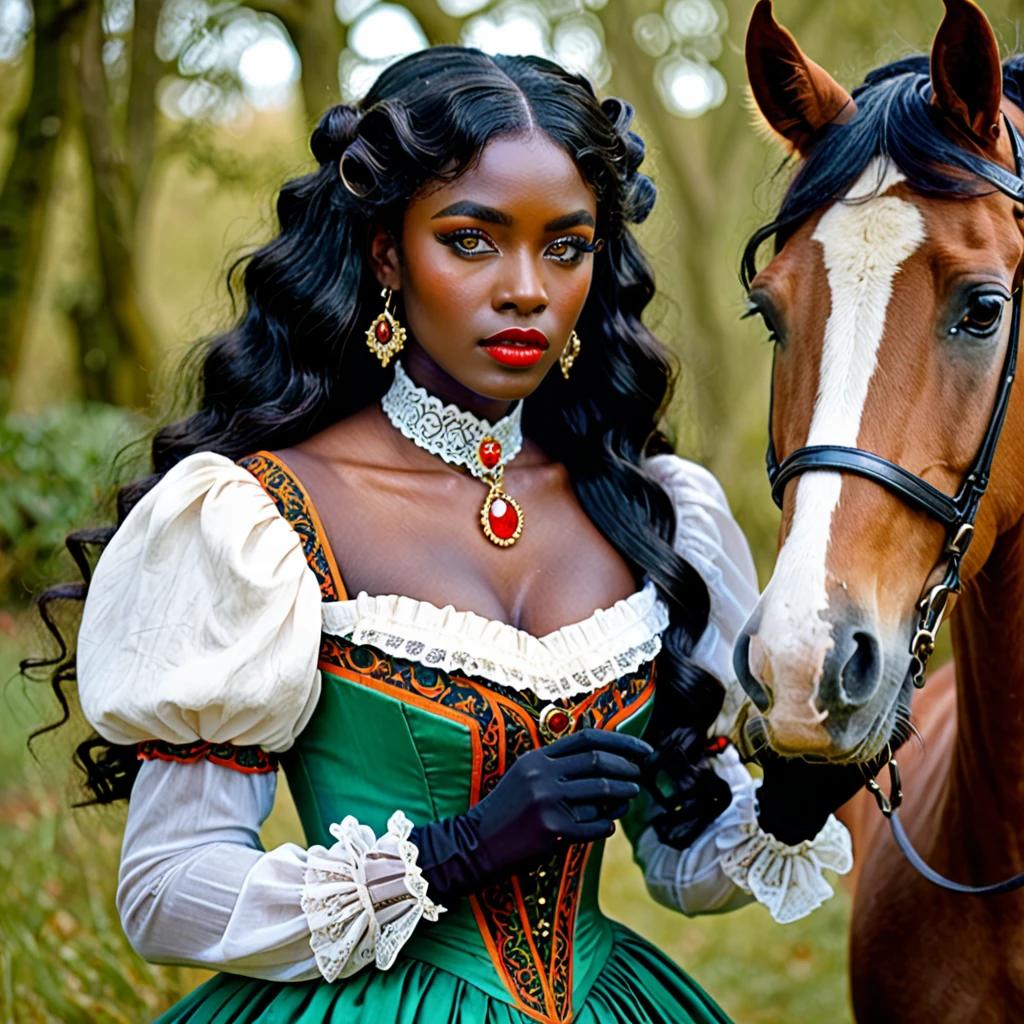 dark skin woman, with orange eyes, green and blue victorian era dress, with long wavy black hair, short black gloves on hands, a red ring on her finger, lips a little wide, golden hoops in her ears, with a completely white horse at his side