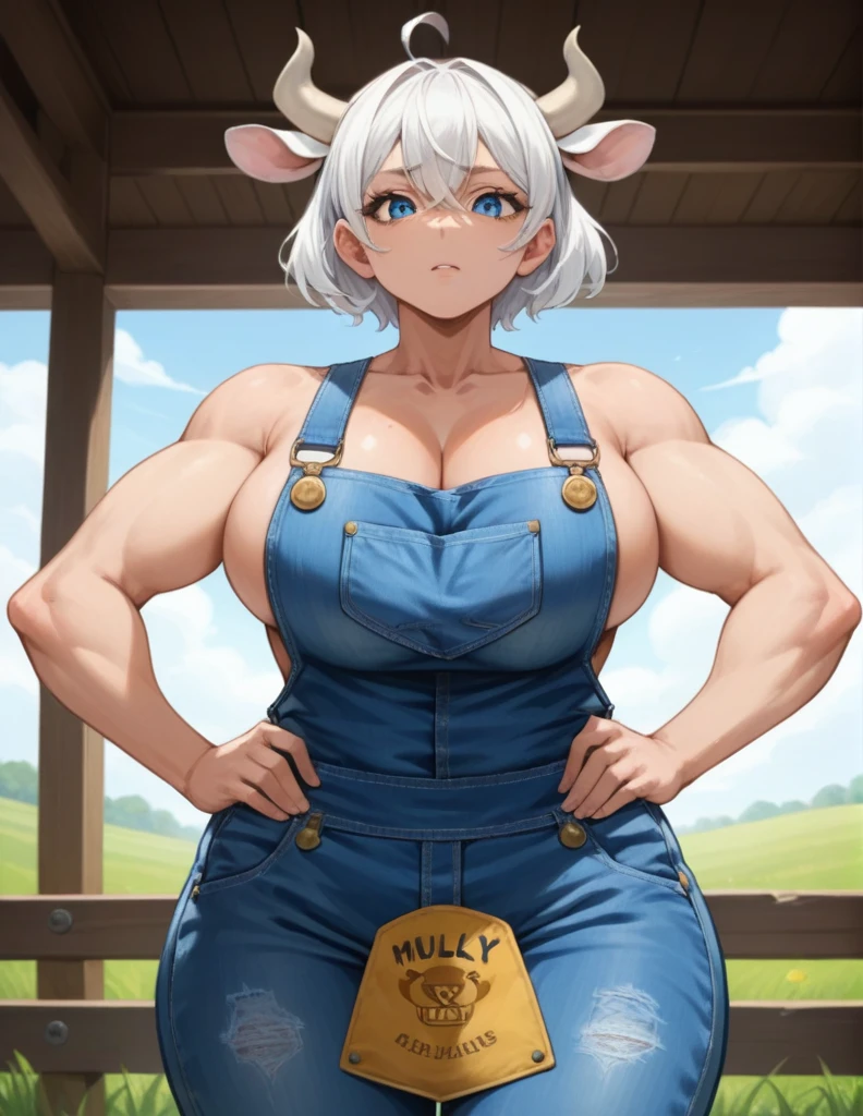 score_9, score_8_up, score_7_up, source_anime,
cowgirl, cow girl, ahoge, white hair, ice blue eyes, short hair, contempt look on face,
cleavage, collarbone, frills, overalls, suspenders ,large breasts, wide hips, milf,
outdoors, farm, cows, in a barn
looking down at viewer, cowboy shot, hands on hips, dynamic pose, cow ears, cow horns, no human ears, no shirt, skimpy clothes, tall, muscular, bulky, milk, only one set of ears, cow ears, woman looking down at viewer, viewer looking up from below, viewer in her shadow, broad shoulders, hulking body, overalls tight, overalls straining to contain body, big woman, massive woman, Shoulder length hair, no shit on,