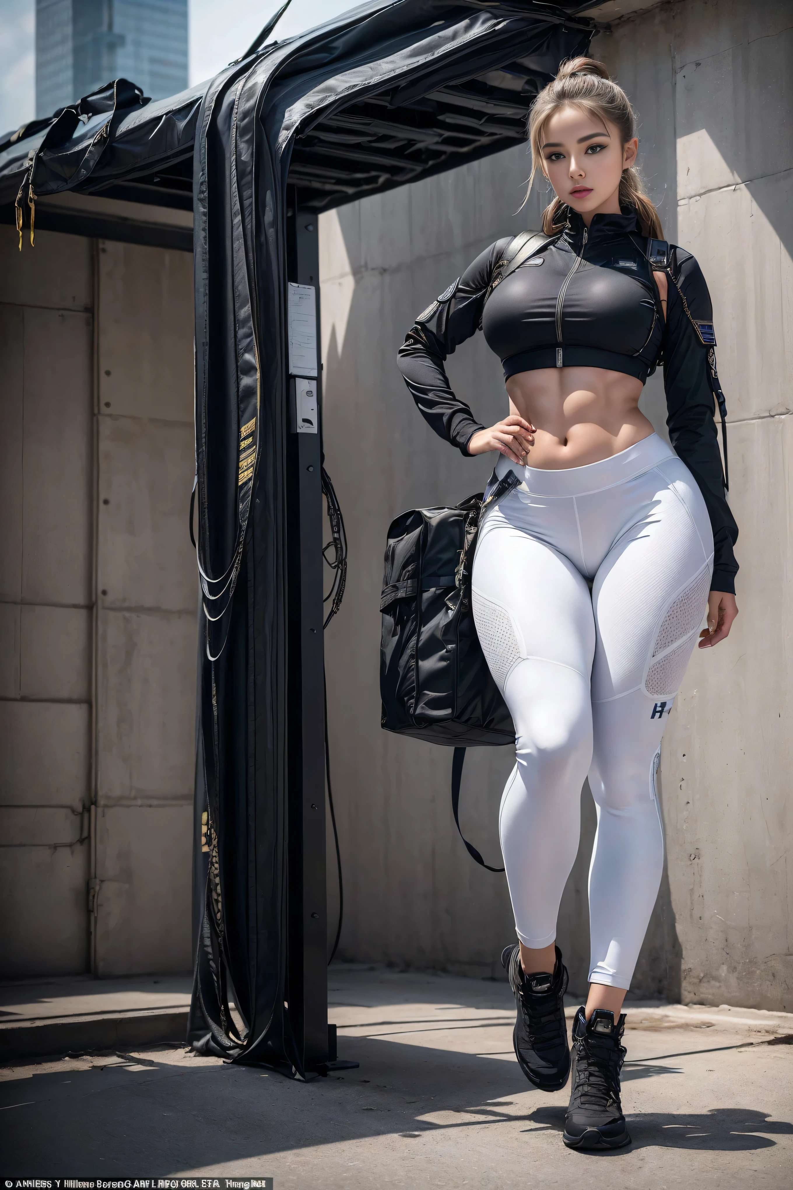(Highest image quality, Outstanding details, Ultra-high resolution), 1 girl, put((A futuristic military look inspired by white yoga pants, Military wiring harness, Military Equipment,For example, military bag)), (Glamorous characters, Curvy body, Fitness, Tight abs), background(At military bases), (Dynamic poses)
