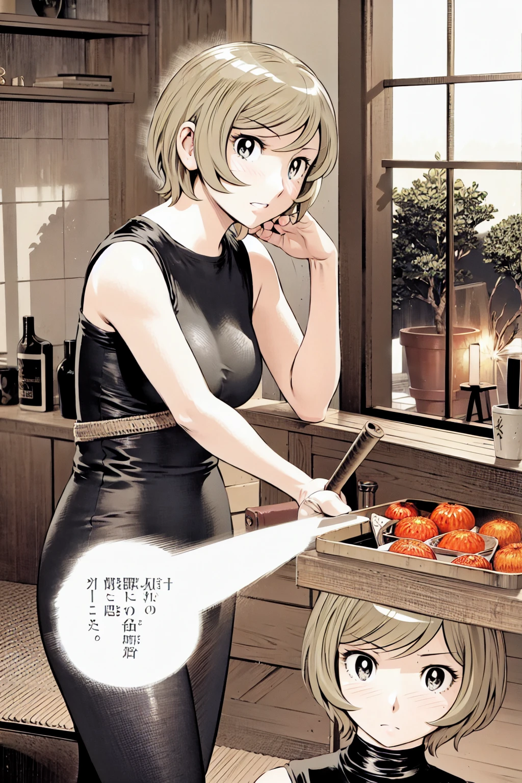、(masterpiece、Highest quality)、Highest quality, Ultra-high resolution, (((masterpiece))), alone, Sweat、Big eyes, No sleeve、indoor、Floral dress、Composition from the front、(Cut the back hair short、short hair、blonde、woman)、Shortcuts、Embarrassed face、Cut your hair short、可愛いwomanの子、Big Breasts
