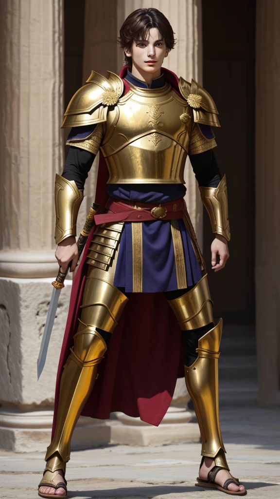 An ancient Greek warrior with the face of Jeon Jungkook. Golden armor, shoulder pads, Golden Belt, marked abdomen. red tunic, golden sword, warrior sandals. imposing posture. tall and thin. 