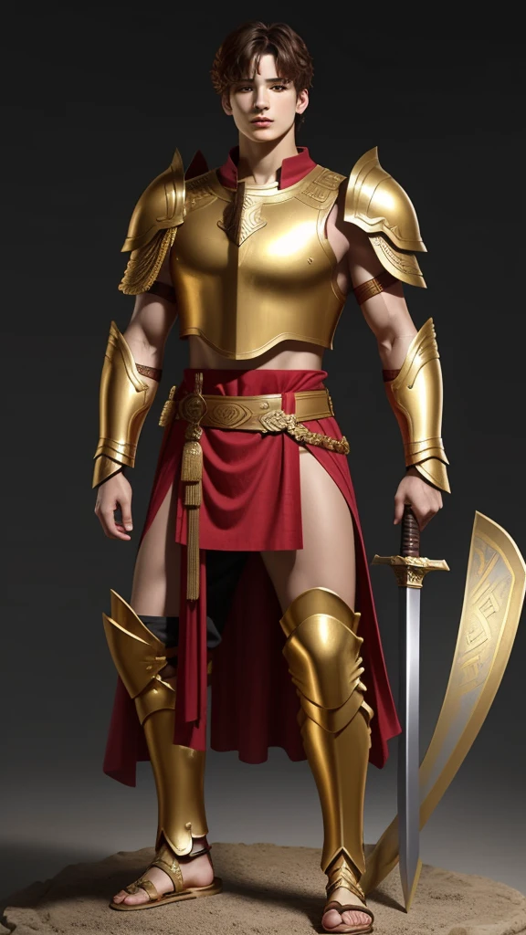 An ancient Greek warrior with the face of Jeon Jungkook. Golden armor, shoulder pads, Golden Belt, marked abdomen. red tunic, golden sword, warrior sandals. imposing posture. tall and thin.