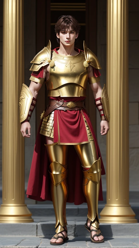 An ancient Greek warrior with the face of Jeon Jungkook. Golden armor, shoulder pads, Golden Belt, marked abdomen. red tunic, golden sword, warrior sandals. imposing posture. tall and thin.