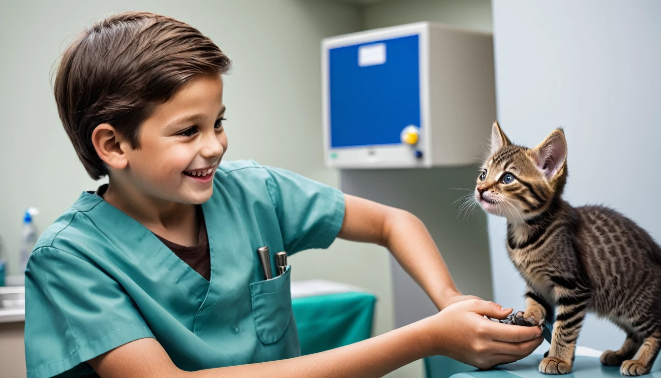 A boy is taking a kitten to a veterinary hospital for a health check. Veterinarian is examining a kitten and smiling.