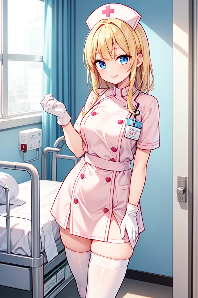 1woman, solo, nurse, white nurse cap, white nurse uniform, ((white legwear, zettai ryouiki)), white gloves, blonde hair, blue eyes, pink lips, smile, standing, ((hospital room)), sharp outline, short sleeves, mature female, 35 years old, best quality, masterpiece