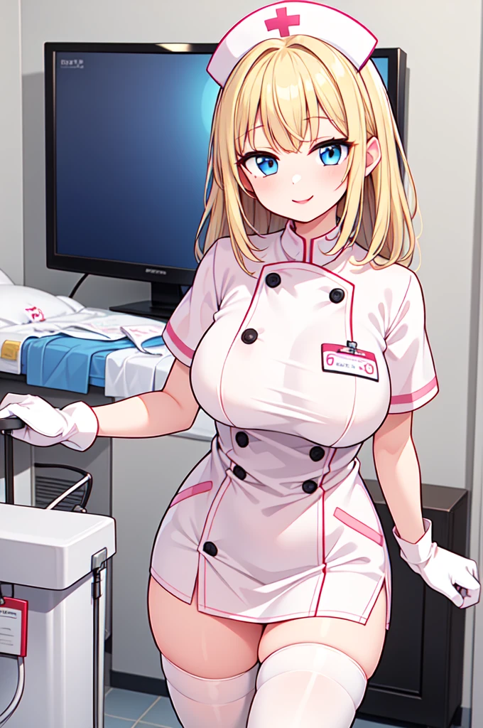 1woman, solo, nurse, white nurse cap, white nurse uniform, ((white legwear, zettai ryouiki)), white gloves, blonde hair, blue eyes, pink lips, smile, standing, ((hospital room)), sharp outline, short sleeves, mature female, 35 years old, best quality, masterpiece