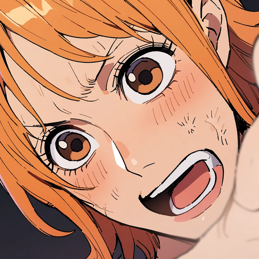 Nami, One Piece, 1girl, white background, no frills, handsome expression, posing, dirty face, outstretched hand, close-up, angle, shortened, dark, dark background, masterpiece, best quality