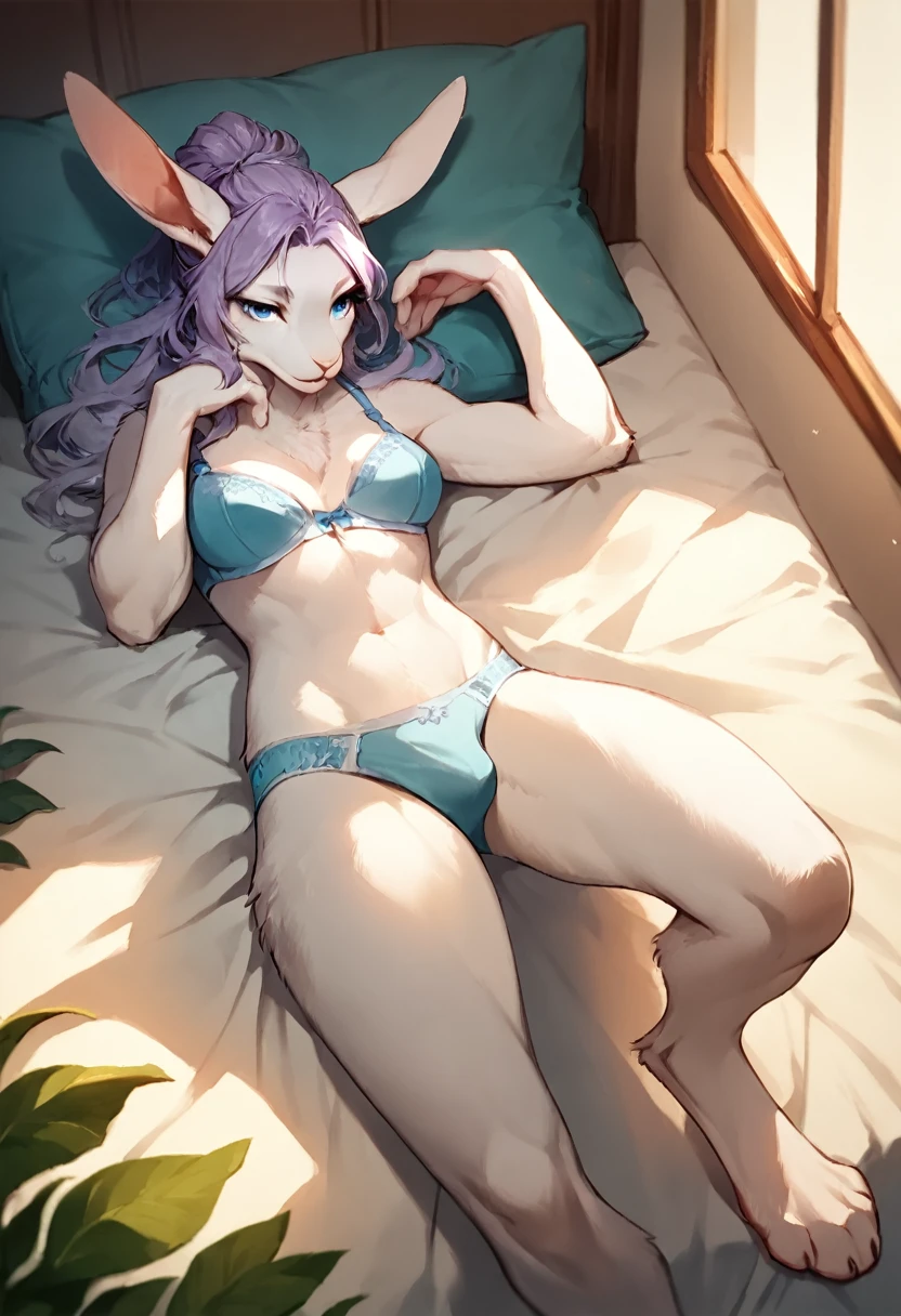 score_9, score_8_up, score_7_up, score_6_up, score_5_up, score_4_up, (solo), female white rabbit, furry, solo, inn bedroom, laying, light purple hair, blue eyes, long length wavy hairstyle, underwear, bra, digitigrade