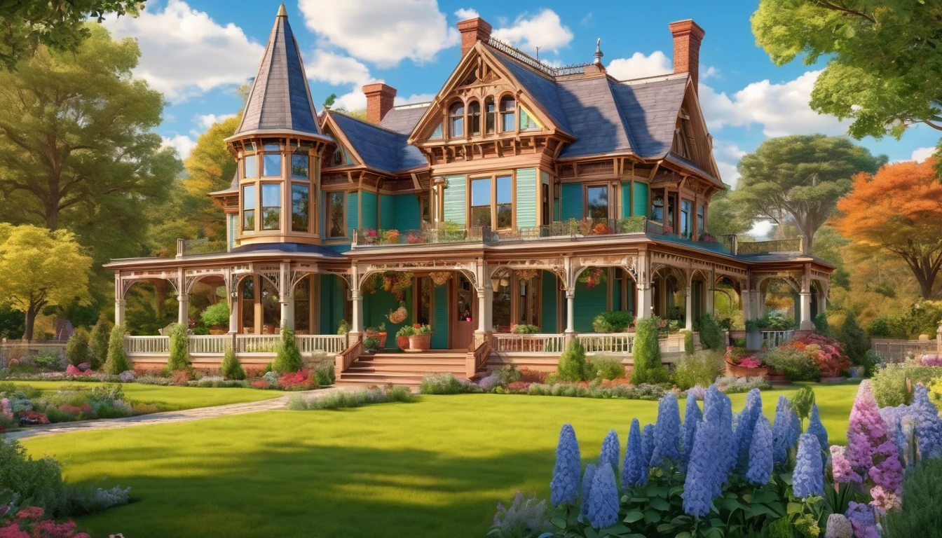 A beautifully restored Victorian-style farmhouse with elaborate architectural details and a well-maintained garden. Style of John William Waterhouse. Hyper realistic photo, vibrant colors, 16k